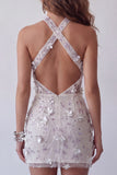 Sparkly Silver Floral Halter Beaded Open Back Tight Short Cocktail Dress