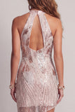 Sparkly Champagne Tight High Neck Open Back Short Beaded Cocktail Dress
