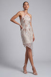 Sparkly Champagne Halter Backless Tight Short Beaded Cocktail Dress