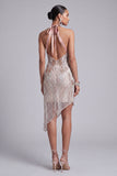 Sparkly Champagne Halter Backless Tight Short Beaded Cocktail Dress