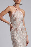 Sparkly Champagne Halter Backless Tight Short Beaded Cocktail Dress