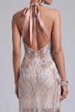 Sparkly Champagne Halter Backless Tight Short Beaded Cocktail Dress