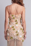 Sparkly Beaded Apricot Floral Short Cocktail Dress with Fringes
