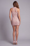 Floral Sparkly Blush Beaded High Neck Tight Short Cocktail Dress