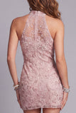 Floral Sparkly Blush Beaded High Neck Tight Short Cocktail Dress