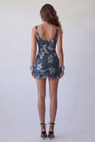 Sparkly Navy Beaded Floral Thick Straps Tight Short Cocktail Dress
