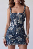 Sparkly Navy Beaded Floral Thick Straps Tight Short Cocktail Dress
