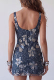 Sparkly Navy Beaded Floral Thick Straps Tight Short Cocktail Dress