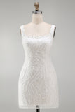 Sparkly White Thick Straps Beaded Floral Tight Short Cocktail Dress