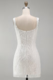Sparkly White Thick Straps Beaded Floral Tight Short Cocktail Dress