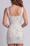 Sparkly White Thick Straps Beaded Floral Tight Short Cocktail Dress