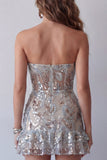 Sparkly Dusty Sage Strapless Beaded Tight Short Cocktail Dress with Ruffles