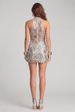 Sparkly Dusty Sage Beaded Round Neck Tight Short Cocktail Dress