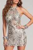 Sparkly Dusty Sage Beaded Round Neck Tight Short Cocktail Dress