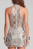 Sparkly Dusty Sage Beaded Round Neck Tight Short Cocktail Dress