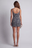 Sparkly Floral Dark Grey Beaded Tight Short Spaghetti Straps Cocktail Dress with Keyhole