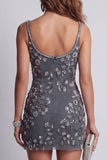 Sparkly Floral Dark Grey Beaded Tight Short Spaghetti Straps Cocktail Dress with Keyhole