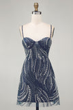 Sparkly Navy Thick Straps Beaded Short Cocktail Dress