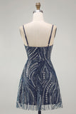 Sparkly Navy Thick Straps Beaded Short Cocktail Dress