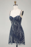 Sparkly Navy Thick Straps Beaded Short Cocktail Dress