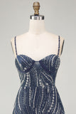 Sparkly Navy Thick Straps Beaded Short Cocktail Dress