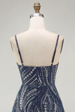 Sparkly Navy Thick Straps Beaded Short Cocktail Dress