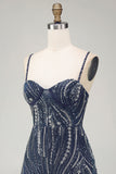 Sparkly Navy Thick Straps Beaded Short Cocktail Dress