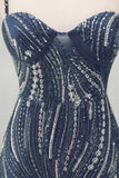 Sparkly Navy Thick Straps Beaded Short Cocktail Dress