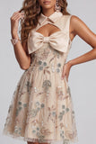 Sparkly Champagne Keyhole A Line Beaded Short Cocktail Dress with Bow