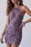 Sparkly Purple Beaded Halter Floral Tight Short Cocktail Dress
