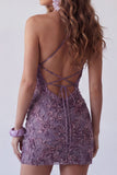 Sparkly Purple Beaded Halter Floral Tight Short Cocktail Dress