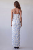 Light Blue Floral Bodycon Spaghetti Straps Long Formal Dress