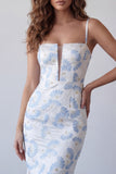 Light Blue Floral Bodycon Spaghetti Straps Long Formal Dress