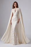 Mermaid Champagne Printed Long Formal Dress with Cape