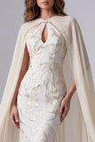 Mermaid Champagne Printed Long Formal Dress with Cape