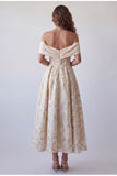 A-Line Champagne Off the Shoulder Printed Midi Formal Dress