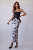 Black Strapless Bodycon Chiffon Floral Midi Formal Dress