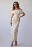 Champagne Off the Shoulder Bodycon Printed Maxi Formal Dress
