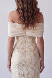 Champagne Off the Shoulder Bodycon Printed Maxi Formal Dress