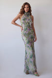 Halter Neck Dusty Sage Bodycon Chiffon Floral Maxi Formal Dress