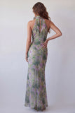 Halter Neck Dusty Sage Bodycon Chiffon Floral Maxi Formal Dress