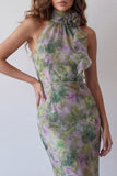Halter Neck Dusty Sage Bodycon Chiffon Floral Maxi Formal Dress