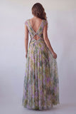 Chiffon Dusty Sage A-Line V-Neck Ruched Long Formal Dress