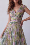 Chiffon Dusty Sage A-Line V-Neck Ruched Long Formal Dress