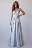 Light Blue A-Line V-Neck Ruched Floral Long Formal Dress