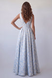 Light Blue A-Line V-Neck Ruched Floral Long Formal Dress