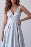 Light Blue A-Line V-Neck Ruched Floral Long Formal Dress