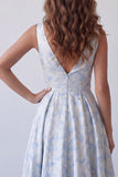 Light Blue A-Line V-Neck Ruched Floral Long Formal Dress