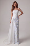 Light Blue Strapless Bodycon Ruched Floral Long Formal Dress with Sash