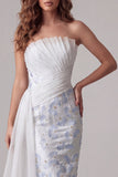 Light Blue Strapless Bodycon Ruched Floral Long Formal Dress with Sash